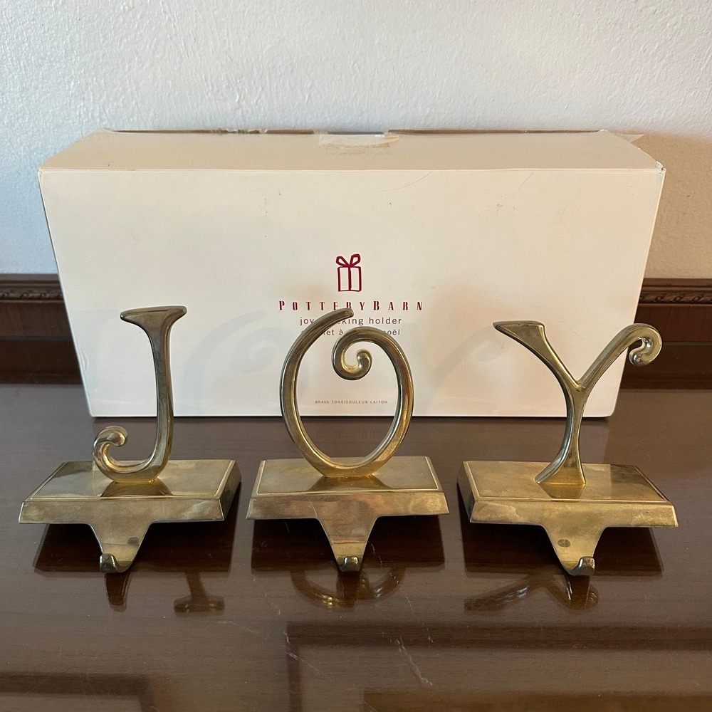 Pottery Barn JOY Stocking Holder Set Gold Tone Metal Christmas Mantle Decor Box